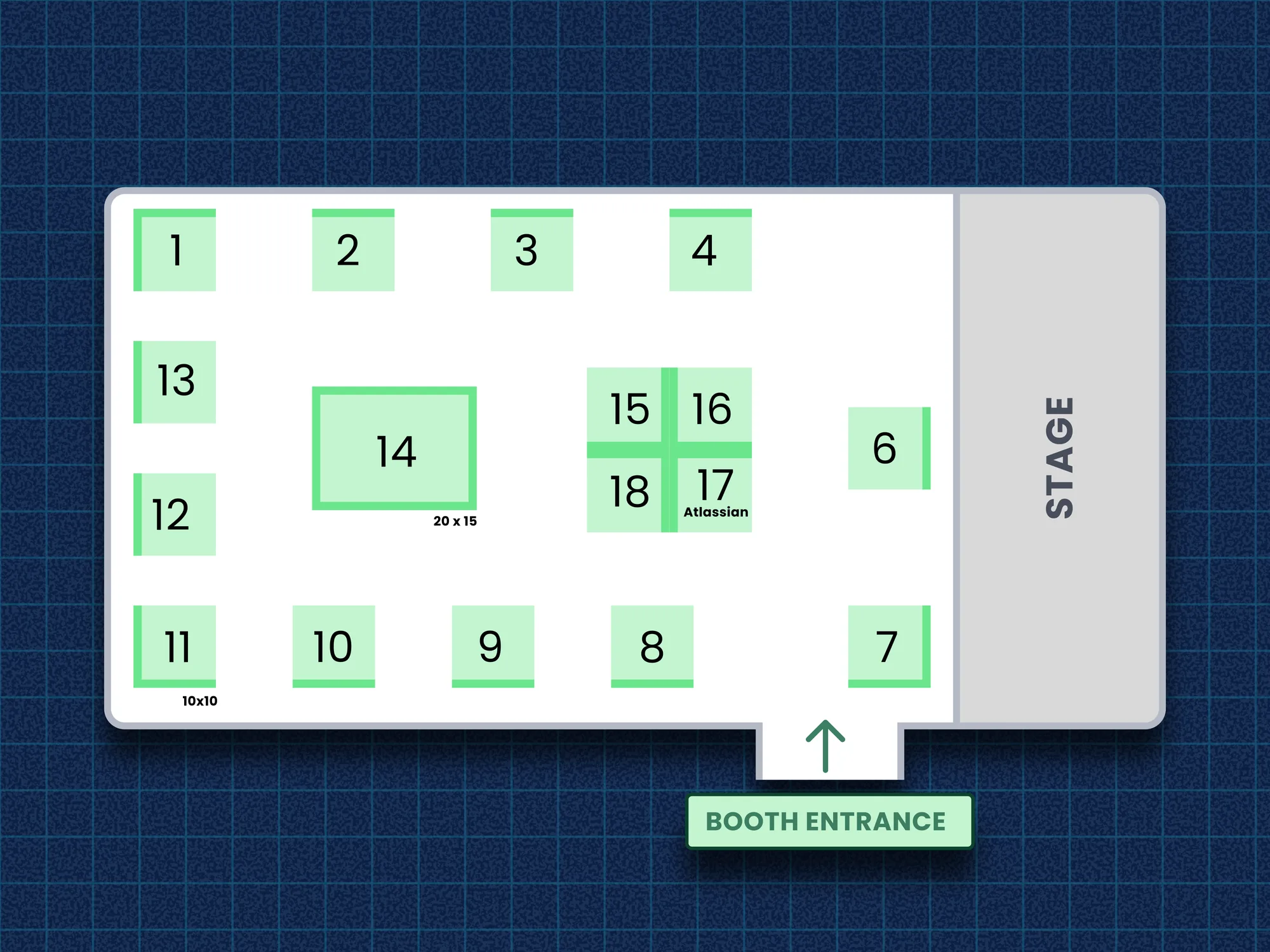 Floor plan on a blueprint grid: numbered 10×10 booths around the walls, a 20×15 booth 14 in the middle, a block of four booths including Atlassian, the stage on the right and the booth entrance at the bottom