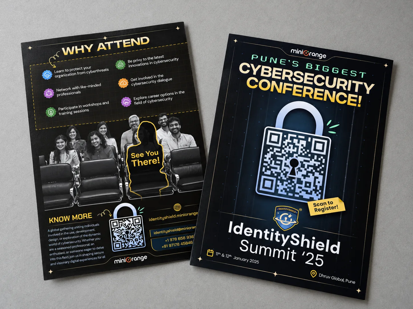 The IDS ’25 flyer, front and back: the padlock QR on the front, Why Attend and a See You There seat on the back