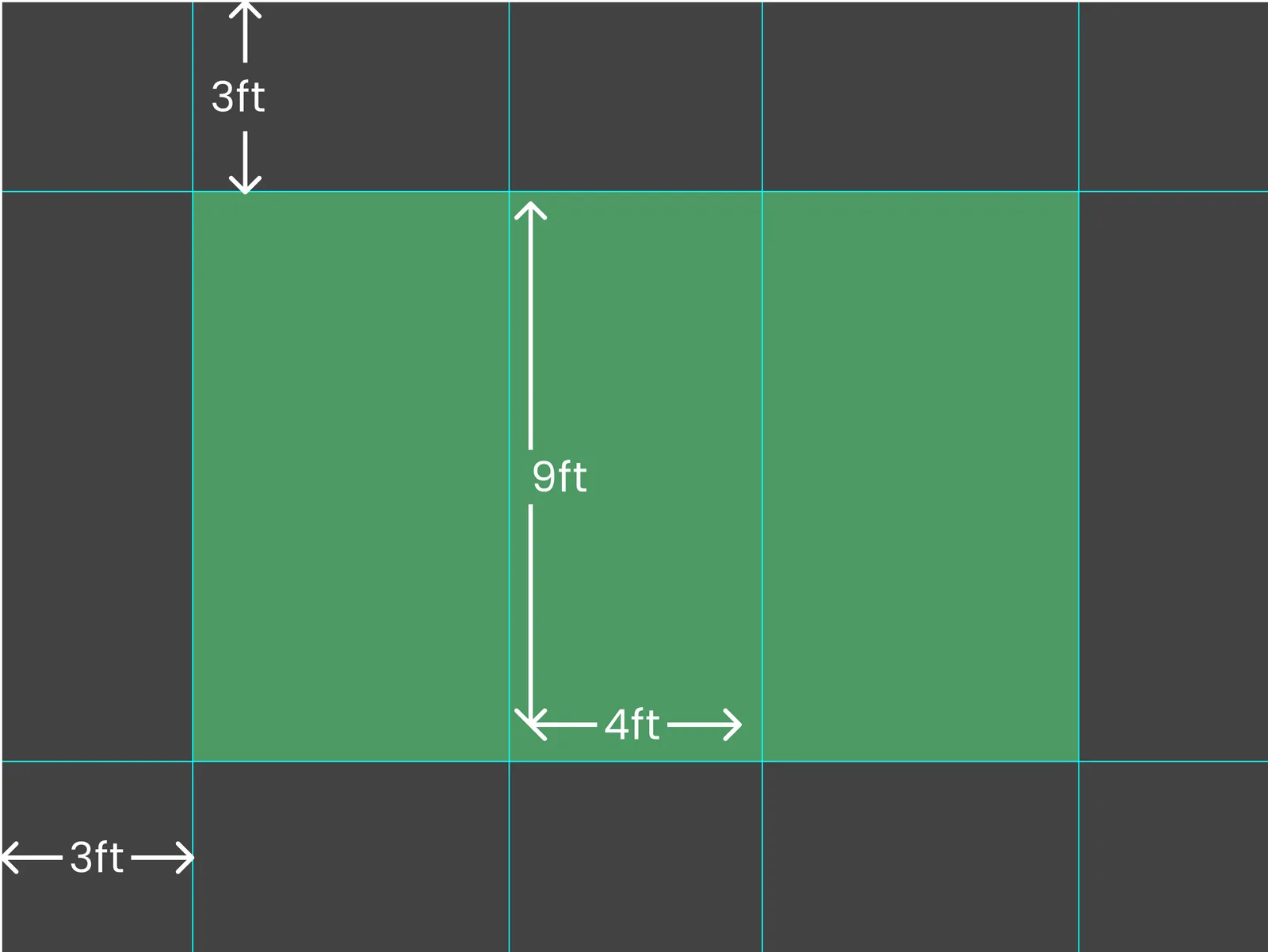 Top-down plan of the hub: a 9 by 4 ft green meeting area with 3 ft aisles around it