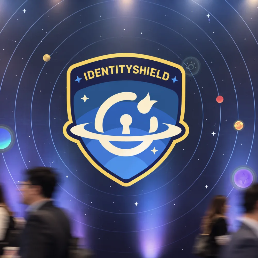 The Identity Shield logo, a blue shield with a gold border and a keyhole planet, on a starry backdrop