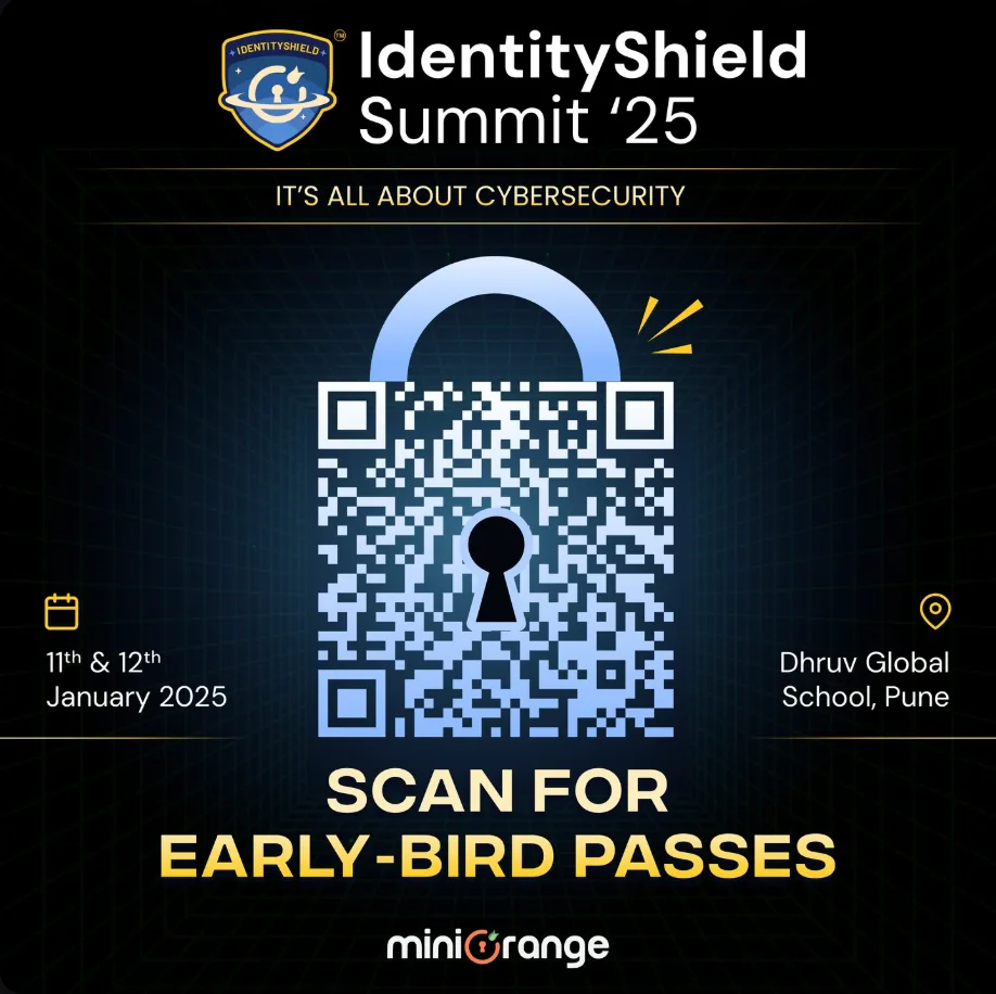 Social post: IdentityShield Summit ’25, Scan for early-bird passes, with a padlock made of a QR code
