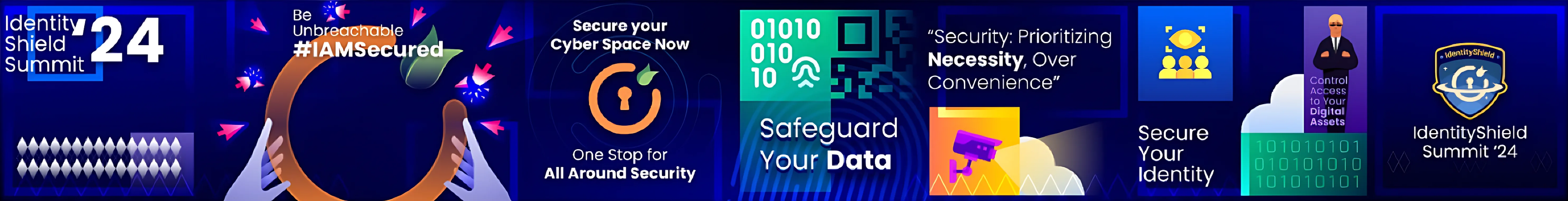 The full 70 ft wall design, flat: panels reading Identity Shield Summit ’24, Be Unbreachable #IAMSecured, Secure your Cyber Space Now, Safeguard Your Data, a quote on security over convenience, Secure Your Identity, Control Access to Your Digital Assets, and the Identity Shield logo