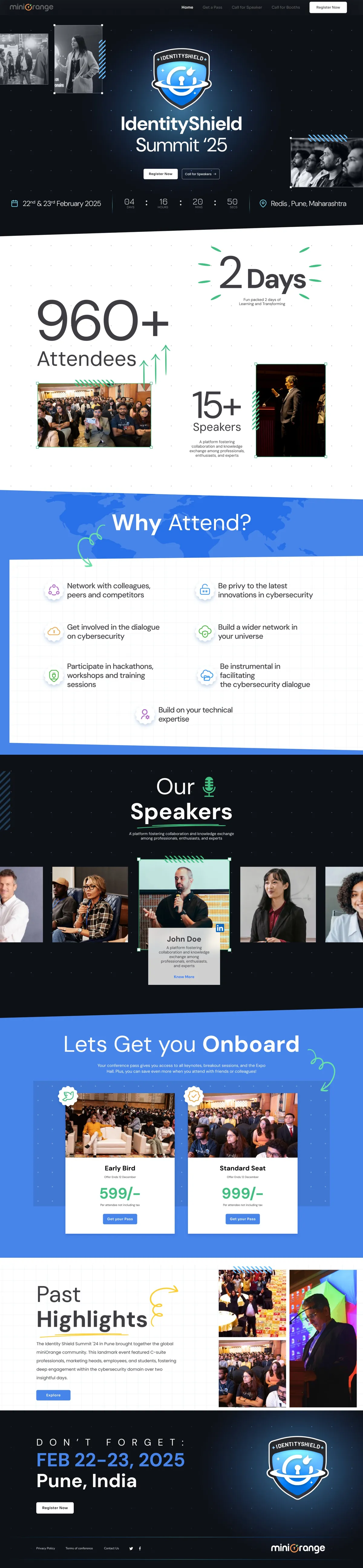 The IdentityShield Summit ’25 landing page: hero with the logo and a countdown, key numbers, Why Attend, speakers, early-bird and standard passes, past highlights and a closing reminder