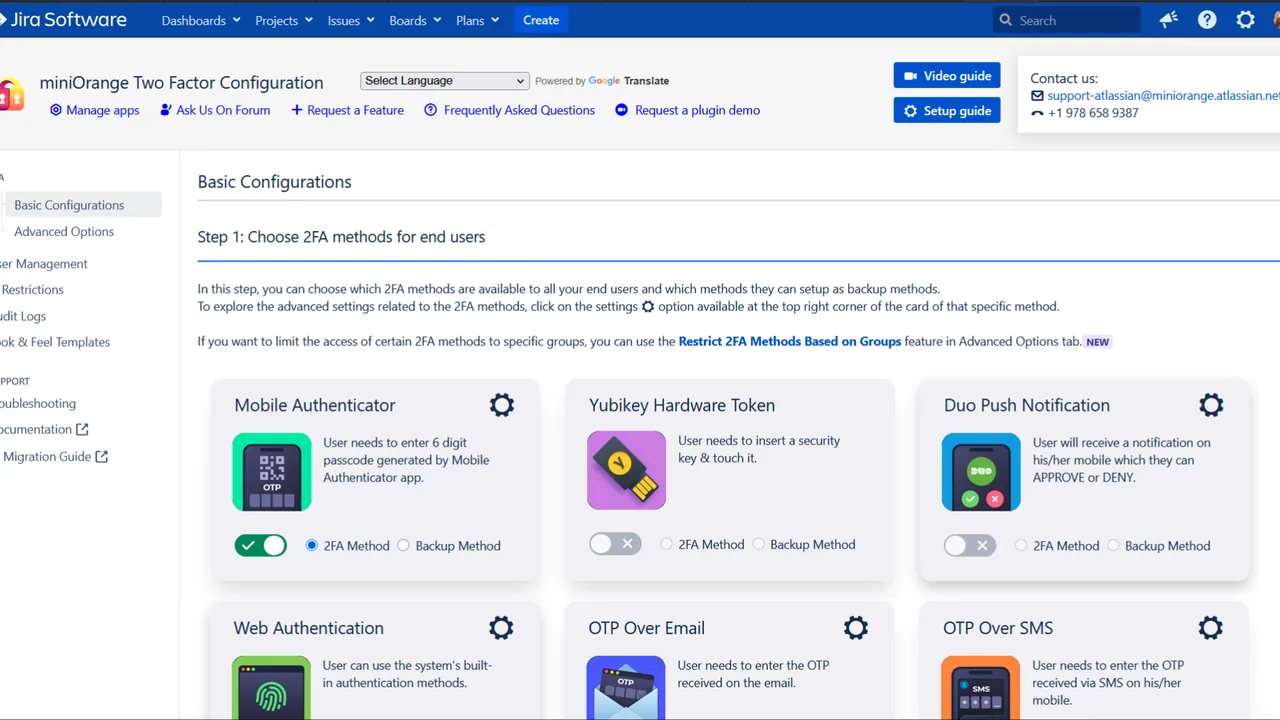 The old 2FA configuration page in Jira: method cards, settings and instructions all at once