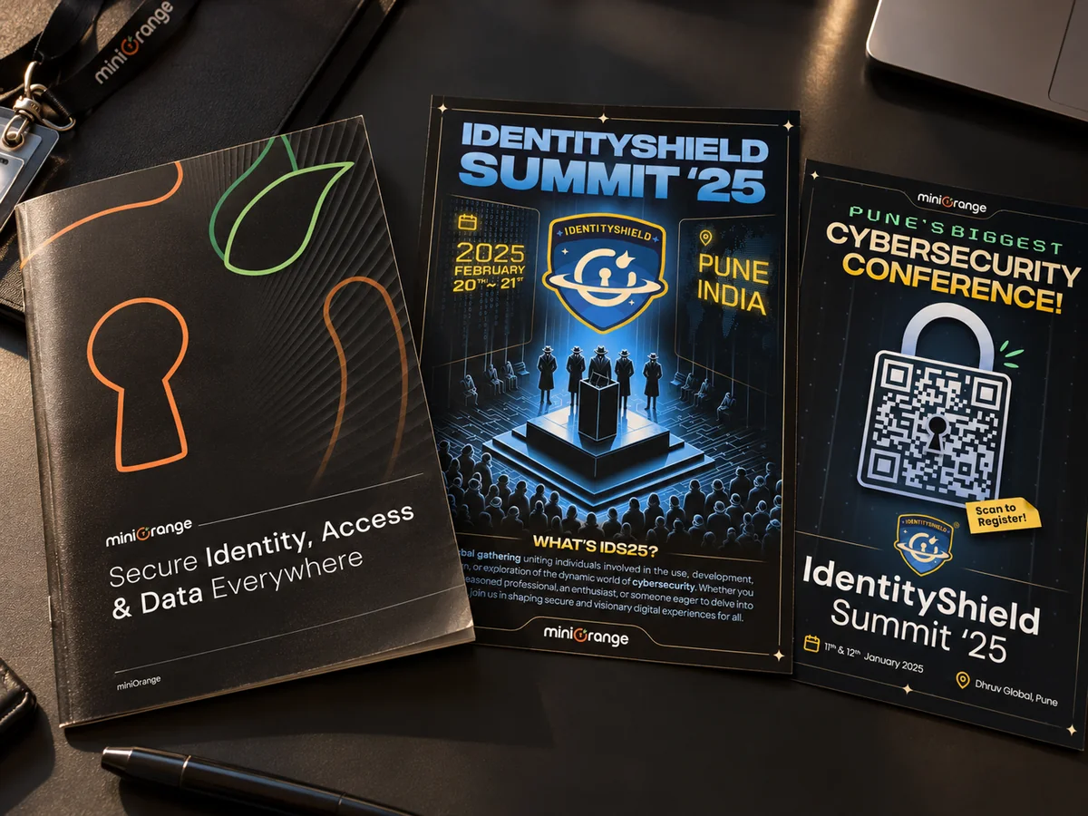 Printed pieces on a desk: the miniOrange booklet, an IdentityShield Summit ’25 booklet and a conference flyer