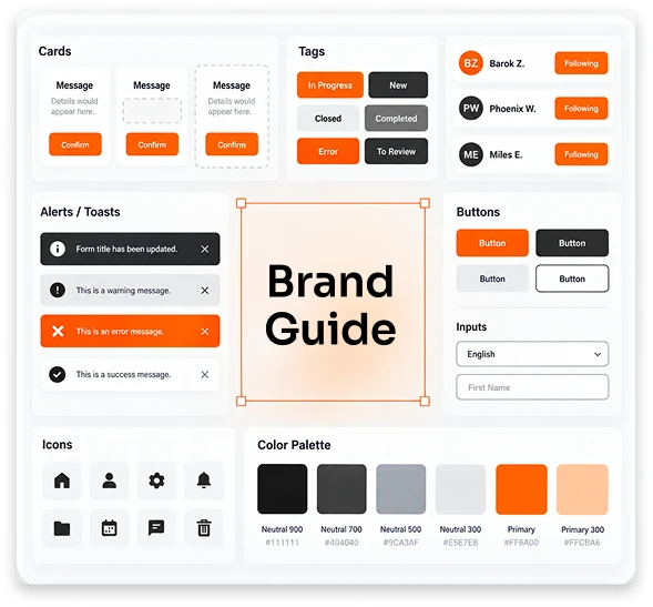 A brand guide page: cards, tags, alerts, buttons, inputs, icons and the colour palette