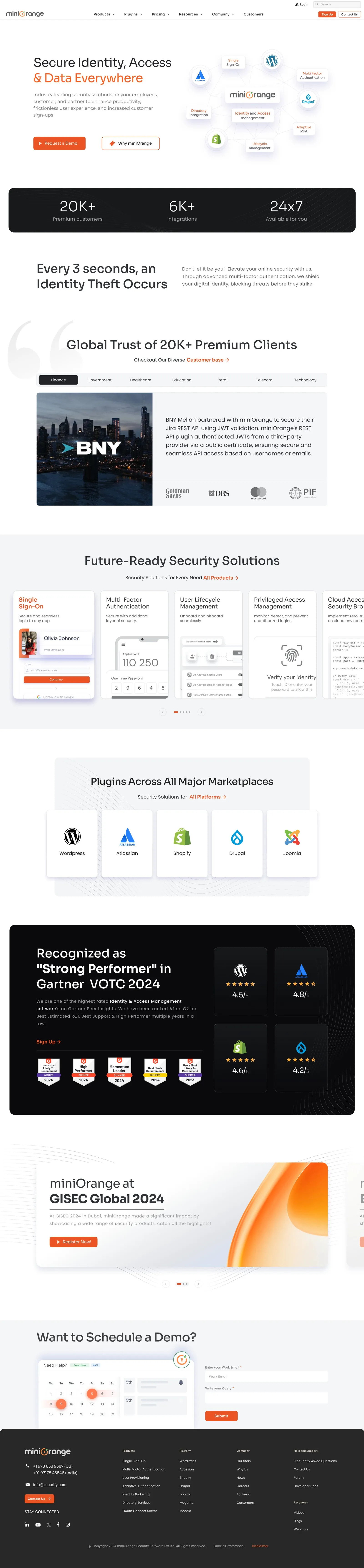 The full redesigned miniOrange homepage, from the hero to the footer