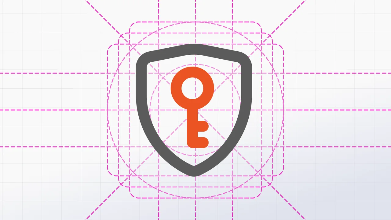 A shield-and-key icon drawn over its keyline grid and construction guides