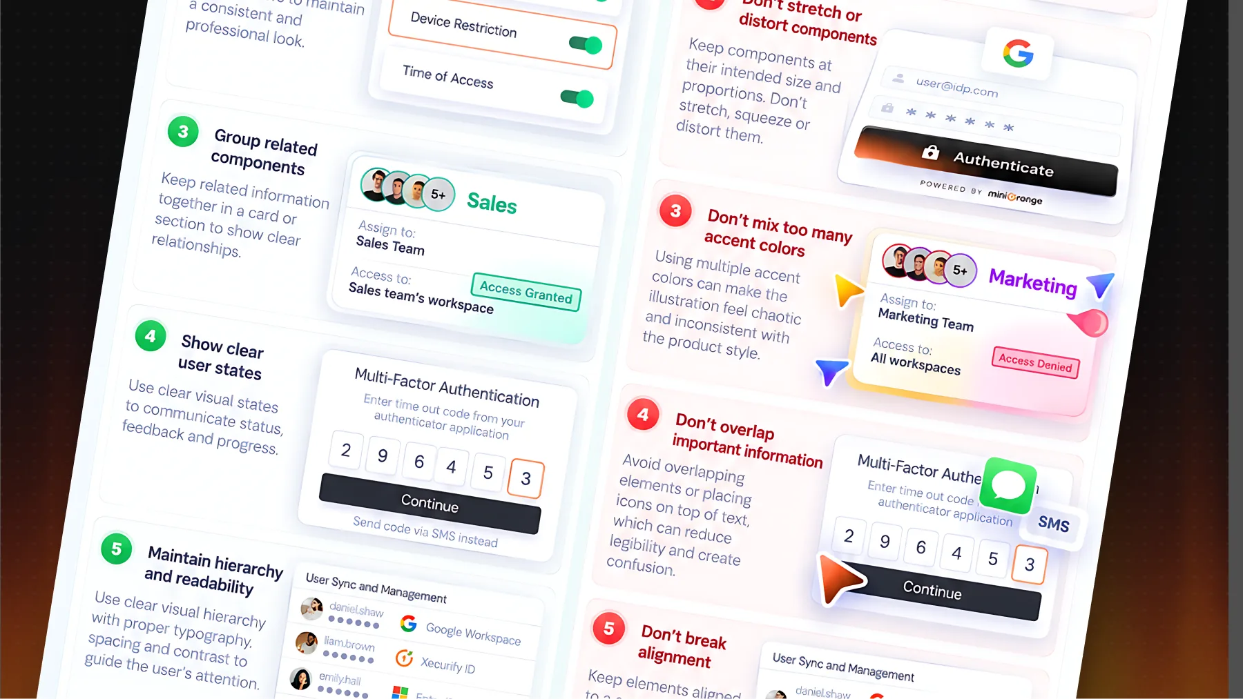 The illustration rules sheet: keep proportions, limit accent colours, avoid overlaps, group related components, show clear states