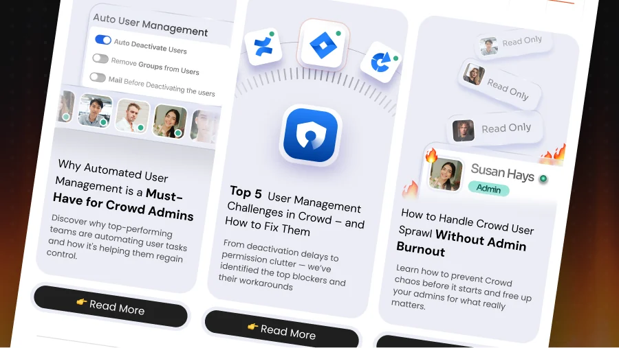Article cards on user management, each with an illustration, a headline, a summary and a Read More button