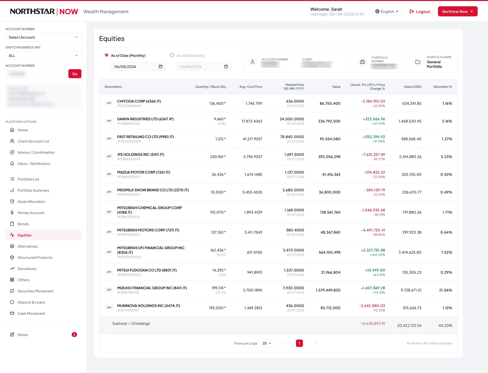 The redesigned Equities holdings table: right-aligned figures, profit and loss in red and green with the percentage underneath, a subtotal row and pagination