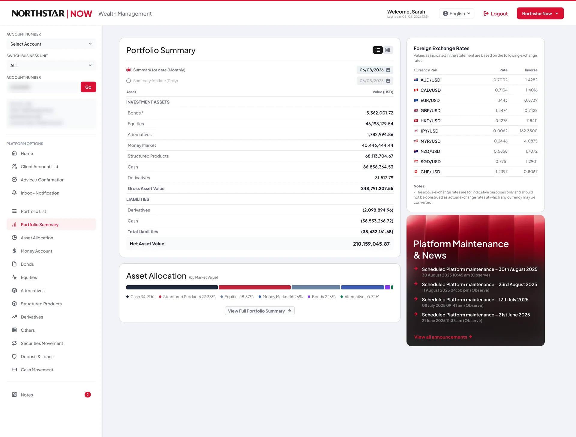 The redesigned Portfolio Summary: asset and liability table, foreign exchange rates, a single allocation bar, and platform maintenance news moved into a side card