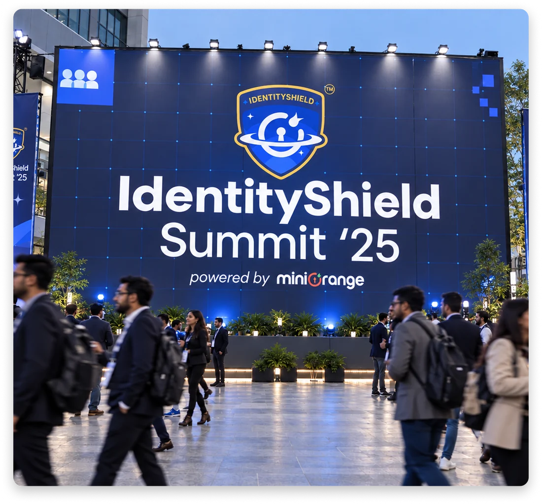 The IdentityShield Summit ’25 stage backdrop, with attendees walking past