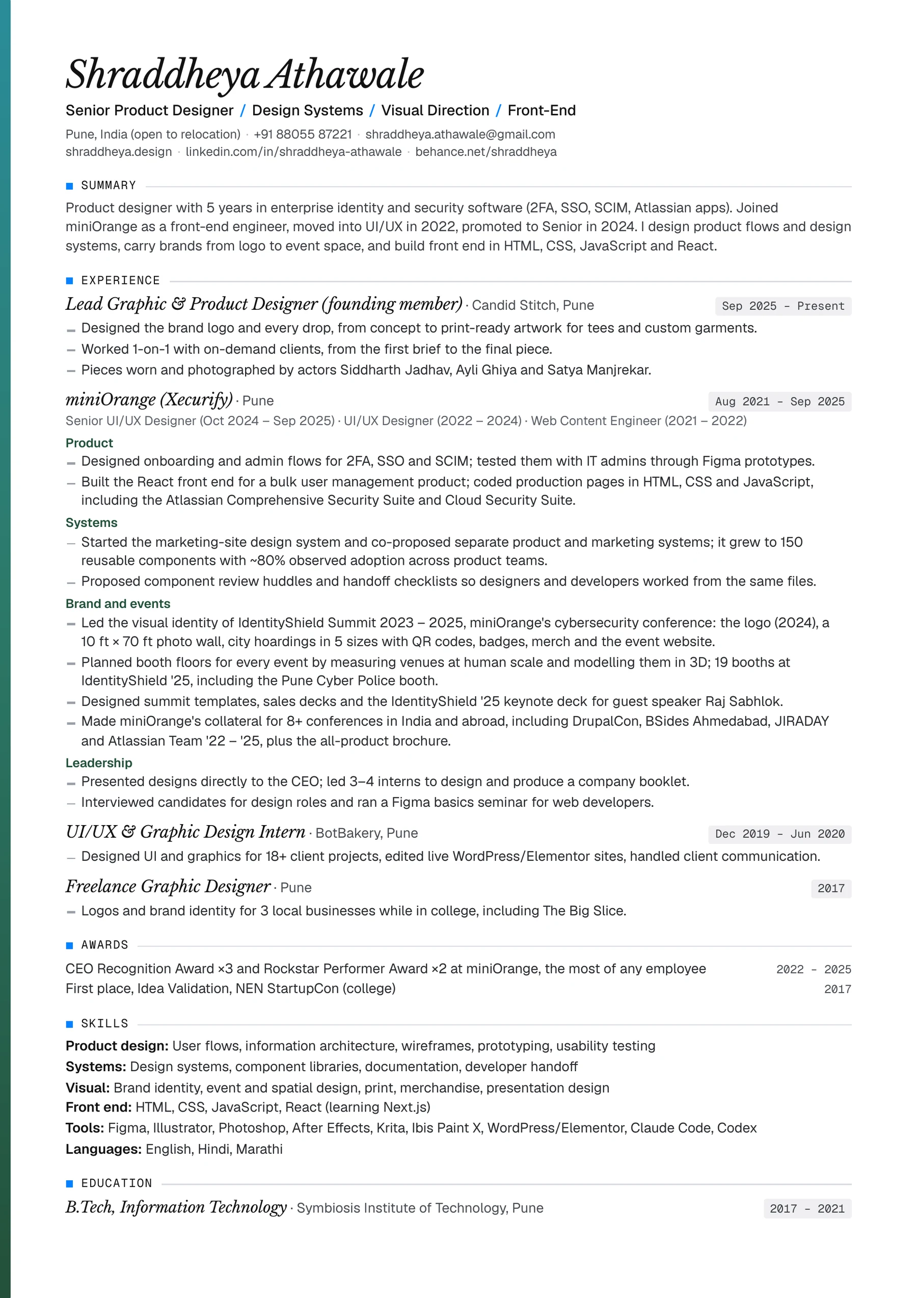 Resume of Shraddheya Athawale, Senior Product Designer. Download the PDF for selectable text.